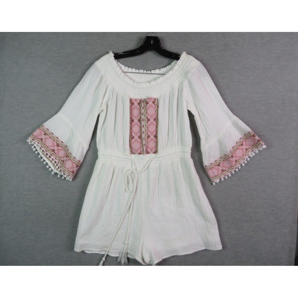 Andree Womens Romper M White Red Gauze Boho Festival Coastal‎ Casual Peasant